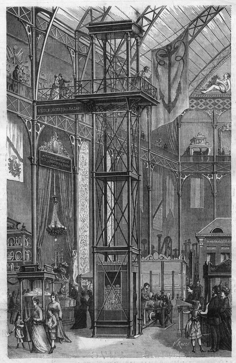 Hydraulischer Aufzug erfunden von Megy Echeverria und Bazan und ausgestellt auf der Internationalen Ausstellung für Fluss- und Seeindustrien im Palais de l