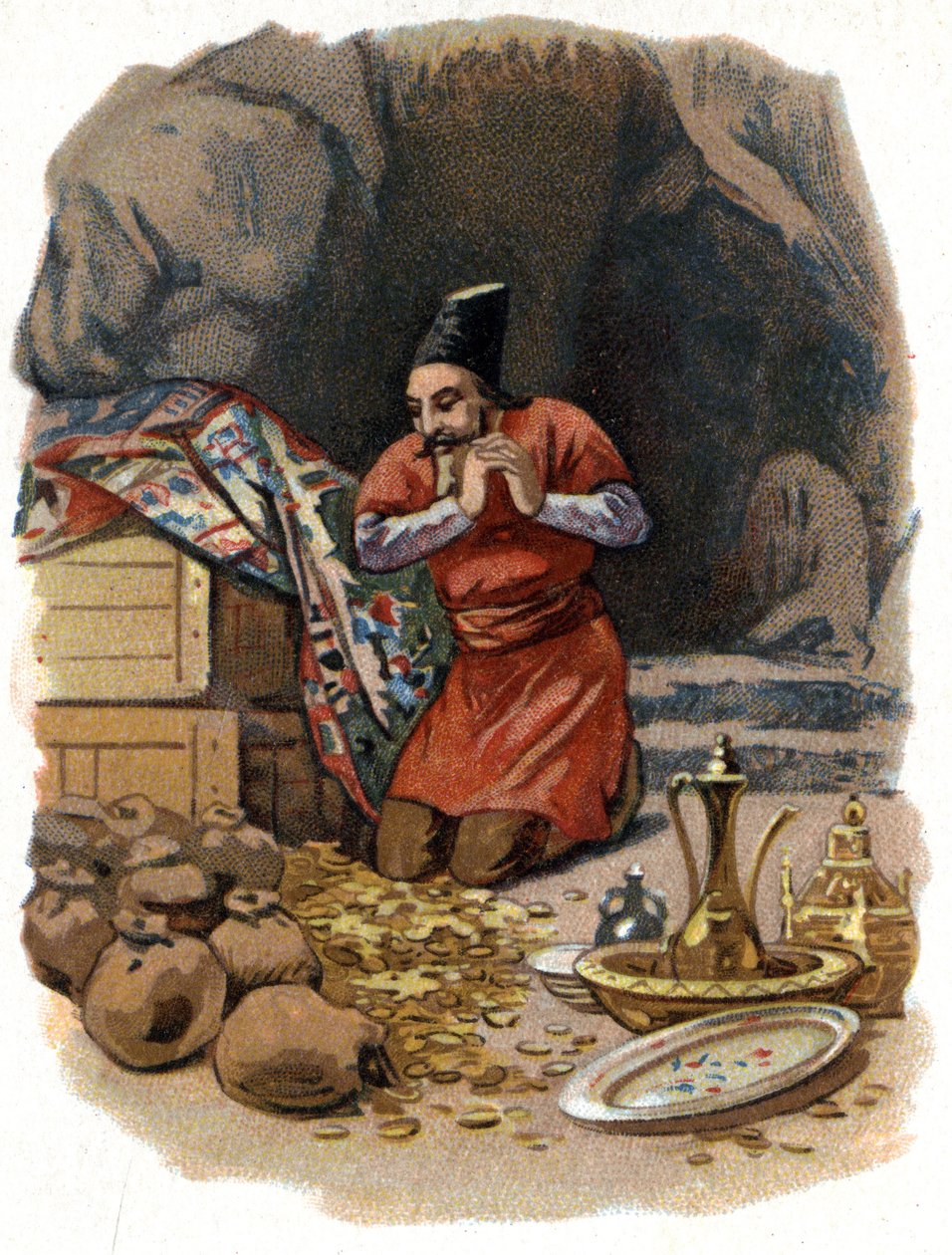 Illustration für die Geschichten aus Tausendundeiner Nacht. Ali Baba betritt den Felsen und sagt: Sesam öffne dich und sieht Goldfässer. Chromolithographie um 1890. von Unknown artist