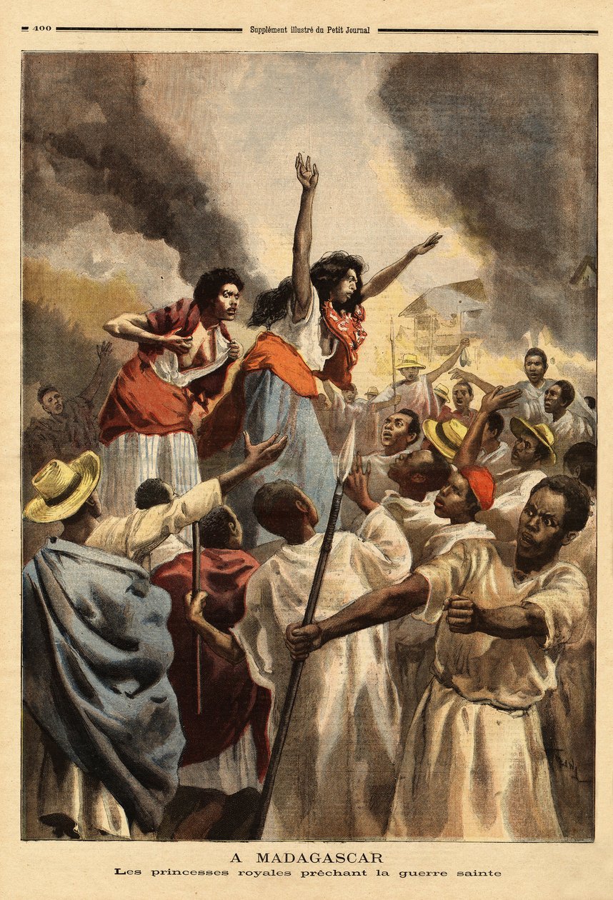 In Madagaskar predigen die königlichen Prinzessinnen (die Schwester und Tante der Königin) den heiligen Krieg gegen Frankreich. Gravur in „Le petit journal“ 9/09/1894. Selvas Sammlung. von Unknown artist