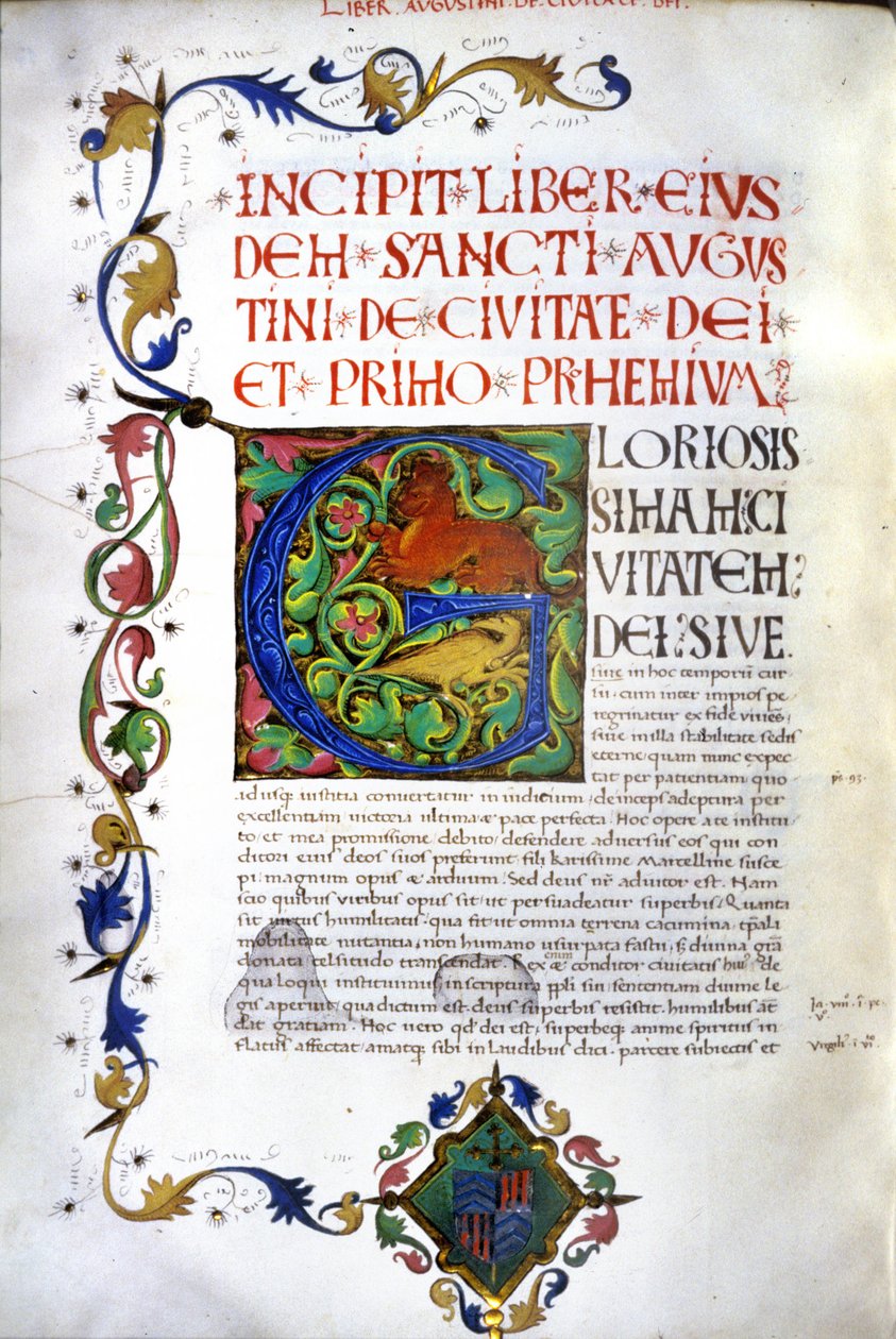 Incipit des Manuskripts von „De civitate dei“ von Augustinus. 15. Jahrhundert Manuskript. Mailand, Bibl, Trivulziana von Unknown artist