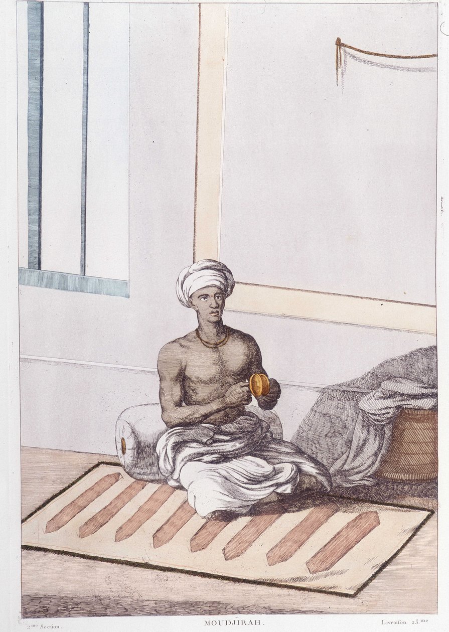 Indische Kultur, Zivilisation und Gesellschaft: Musiker mit traditioneller indischer Perkussion. Gravur von 1808. von Unknown artist