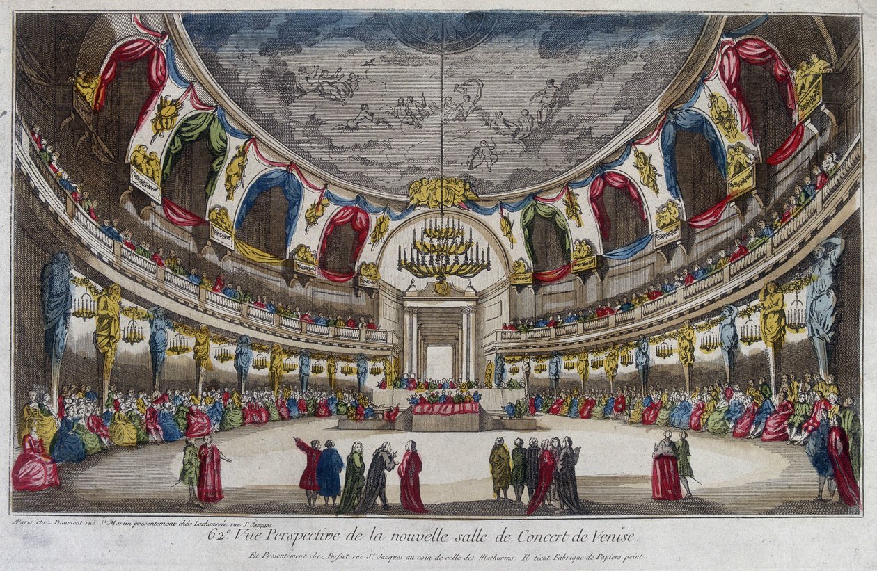 Innenraum eines Konzertsaals in Venedig. Gravur aus dem 18. Jahrhundert. von Unknown artist
