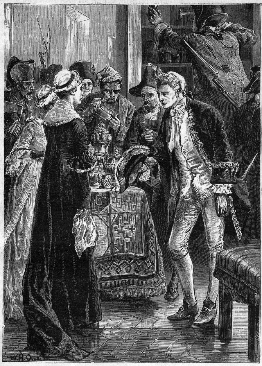 John Paul Jones besucht Lady Selkirk, nachdem seine Männer ihre Wertsachen genommen haben - Amerikanische Marine: John Paul Jones (1747-1792) Held des Amerikanischen Unabhängigkeitskrieges und die Besatzung der Ranger überfielen das Schloss des Grafen von  von Unknown artist