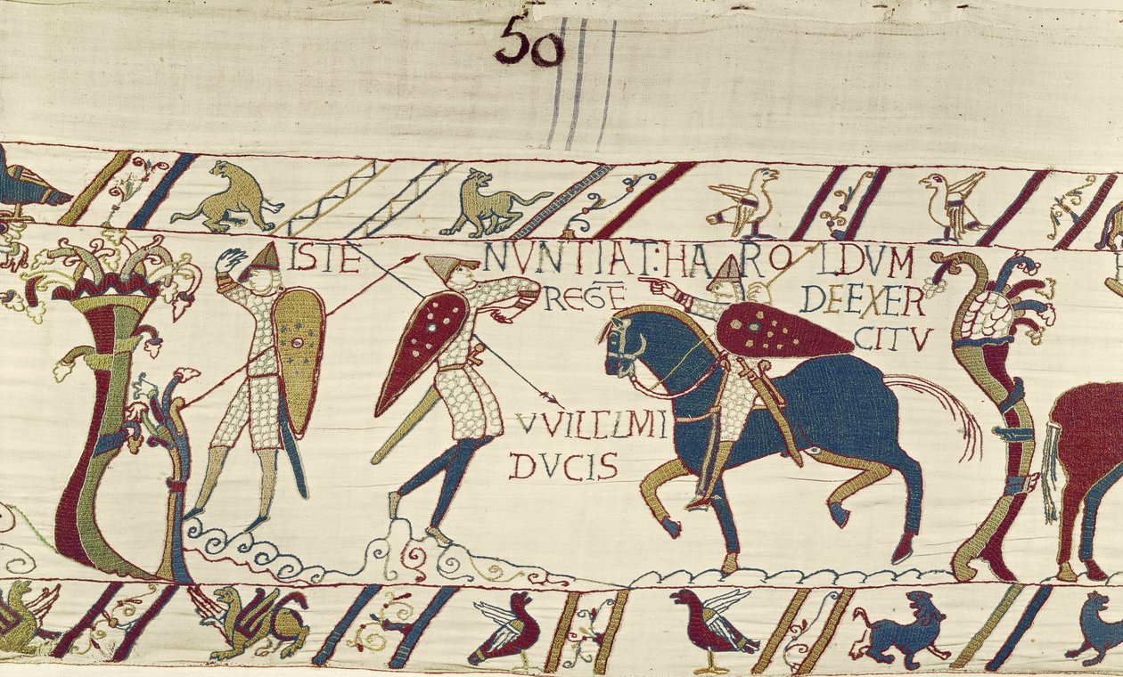 Der Bote von König Harold überbringt ihm Nachrichten von der Armee von Herzog Wilhelm, Teppich von Bayeux von Unknown artist