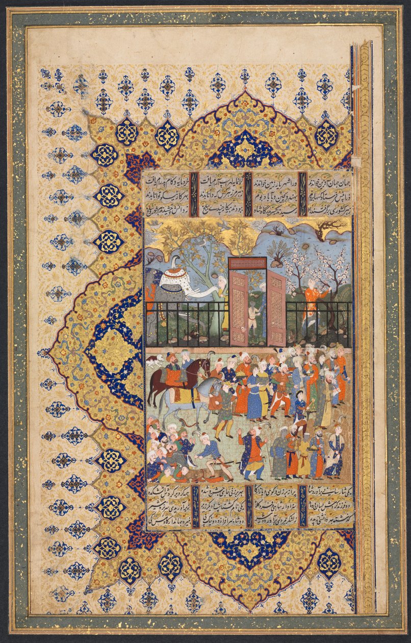 König Luhrasp besteigt den Thron: eine Prozession kommt am Hof an, recto des linken Blattes einer doppelseitigen Komposition aus einem Shahnama (Buch der Könige) von Firdausi (940-1019 oder 1025) von Unknown artist
