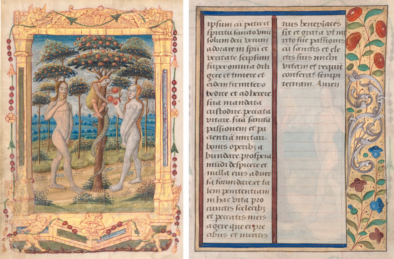 Blatt aus einem Stundenbuch: Adam und Eva und der Sündenfall (Einleitende Miniatur zum Marienoffizium) (recto) und Text mit illustriertem Rand (verso) (1 von 3 herausgetrennten Blättern) von Unknown artist