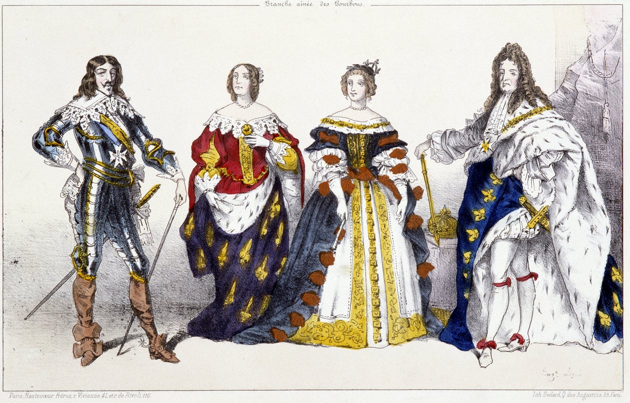 Die Bourbonen: Ludwig XIII. (1601-1643) und Anna von Österreich (1601-1666), Maria Theresia von Österreich (oder Spanien) (1638-1683) und Ludwig XIV. (1638-1715) - Tafel aus Könige und Königinnen von Frankreich in Drucken, Paris, ed. Swift von Unknown artist