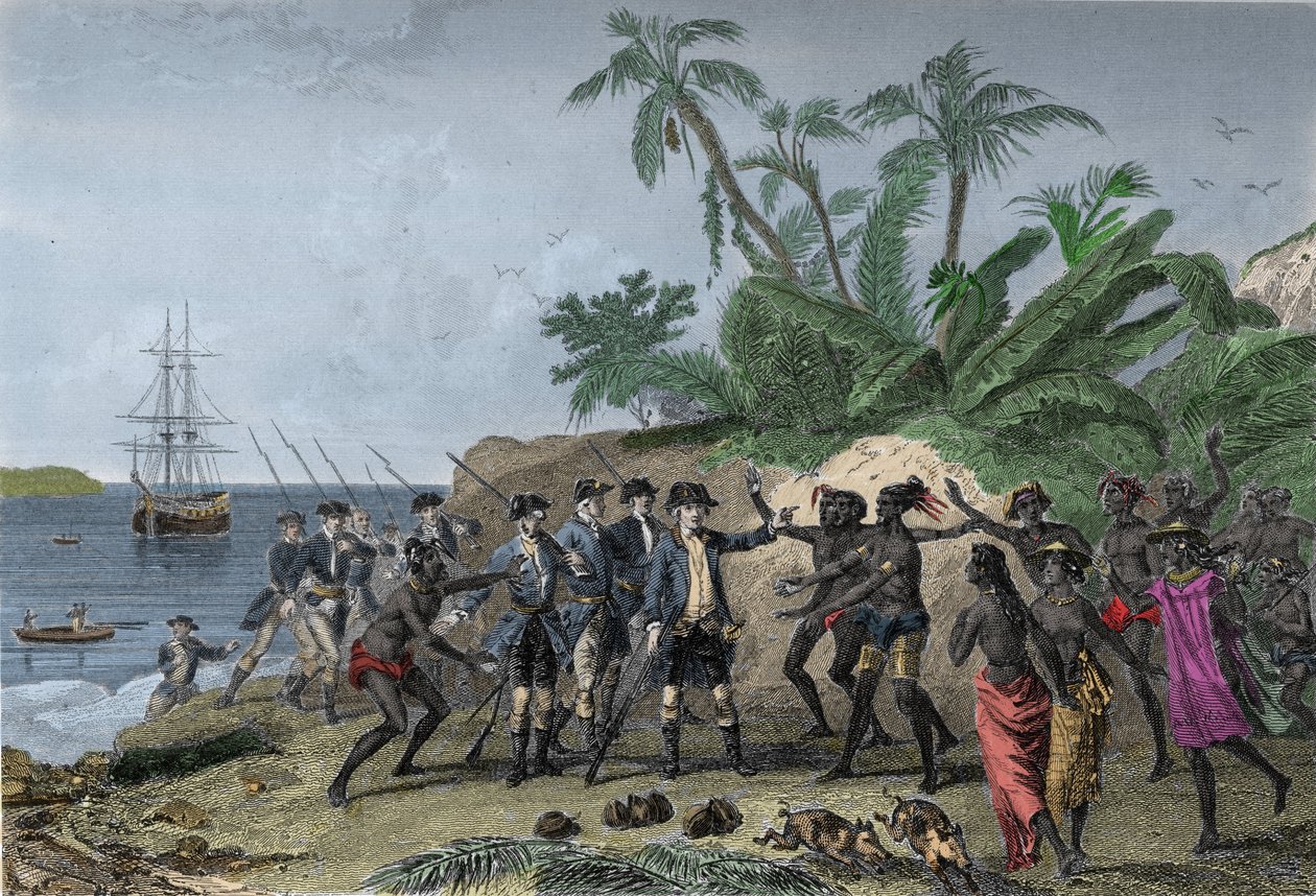 Louis Antoine (Louis-Antoine) von Bougainville, französischer Navigator (1729-1811), wendet sich den Inseln der Marquesas in Tahiti zu, 6. April von Unknown artist
