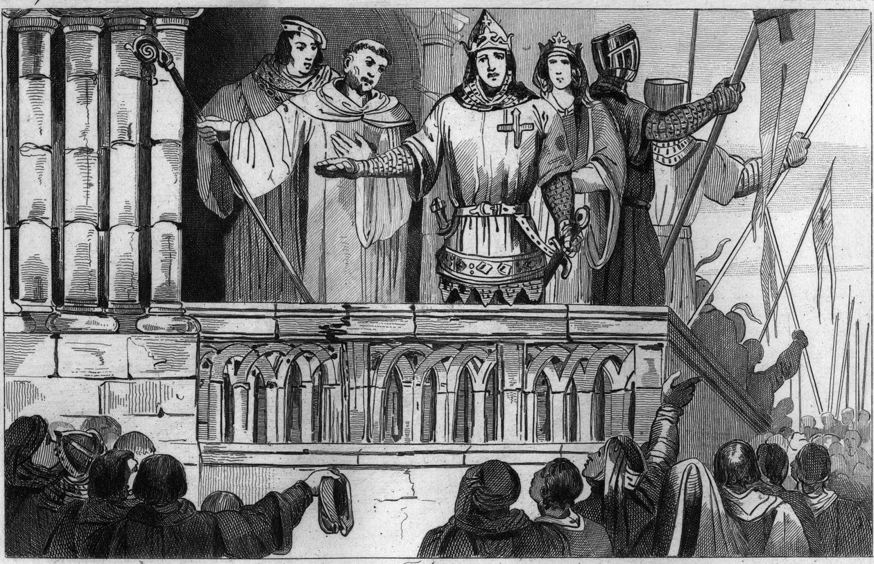Ludwig VII. (1120-80) der Jüngere wirbt 1144 um Unterstützung für den Zweiten Kreuzzug - Ludwig VII. unternimmt den 2. Kreuzzug nach dem Rat von Bernhard von Clairvaux (San Bernardo di Chiaravalle) - Gravur 1825 in „Histoire de France“ von Unknown artist