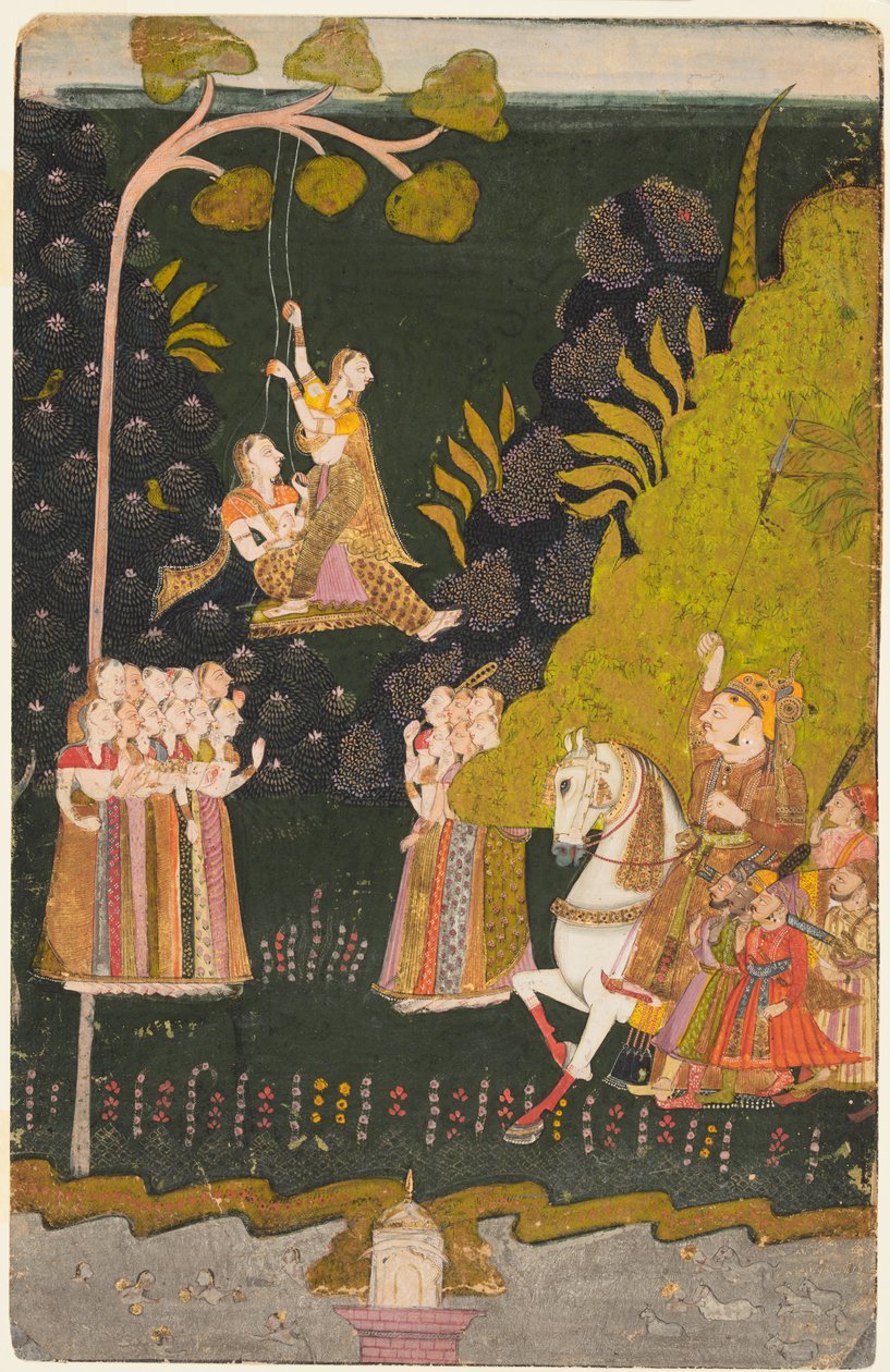 Maharaja Abhai Singh von Marwar (r. 1724–49), Reiter, beobachtet Mädchen beim Schaukeln auf dem Teej-Festival von Unknown artist
