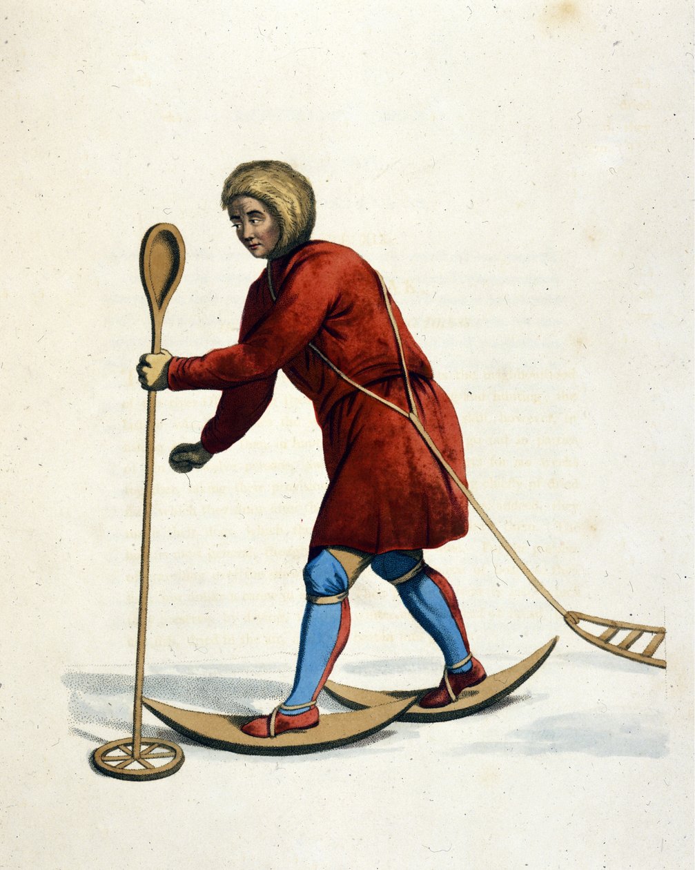 Mann des Ostiak-Stammes (Khanty oder Khante) (Sibirien) beim Skifahren. Gravur aus „Die Tracht des russischen Reiches“ London 1803 von Unknown artist