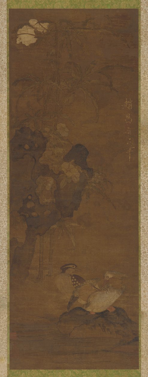 Mandarinenten, Felsen und eine blühende Pflanze von Unknown artist