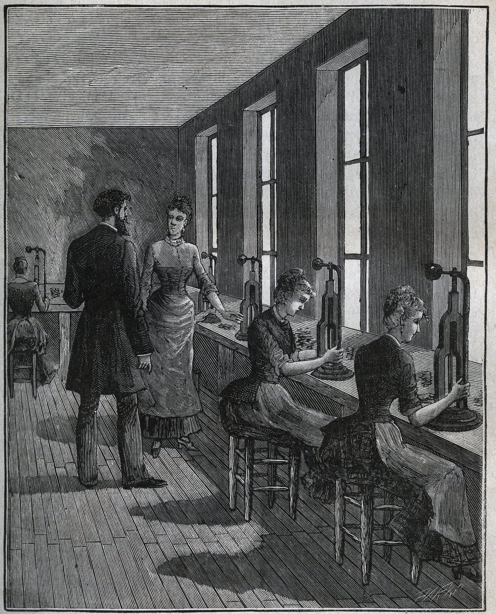 Herstellung von Metallfedern: Ausschneidewerkstatt in Frankreich im 19. Jahrhundert. Gravur von 1885 in „Les arts et métiers illustrés“ von Adolphe Bitard. von Unknown artist