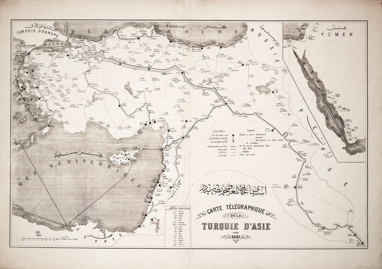 Karte der Türkei mit Telegrafenkabeln und Stationen von Unknown artist