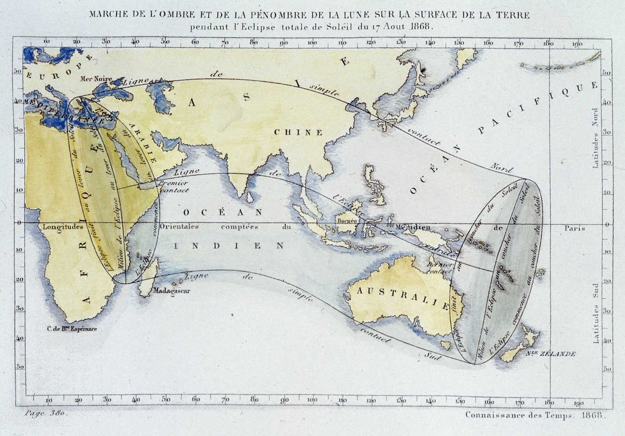 Karte, veröffentlicht vom Bureau of Longitudes, zeigt den Verlauf des Schattens und der Dunkelheit des Mondes auf der Erdoberfläche während der Sonnenfinsternis von 1868 von Unknown artist