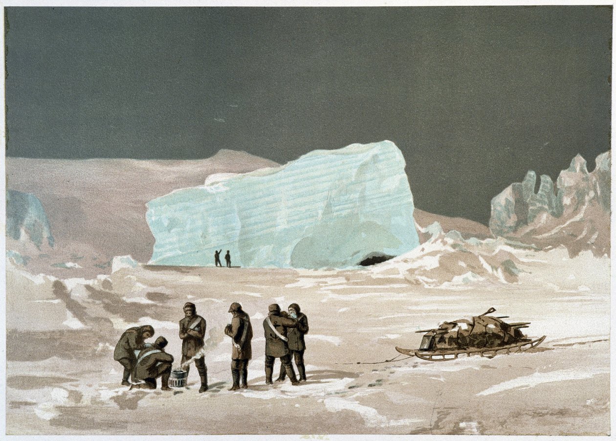 Männer und Schlitten auf dem Eis - in „Die Küsten des Polarmeers, eine Arktisexpeditionserzählung“ von Dr. Edward Moos, Marcus Nard & Co, London von Unknown artist