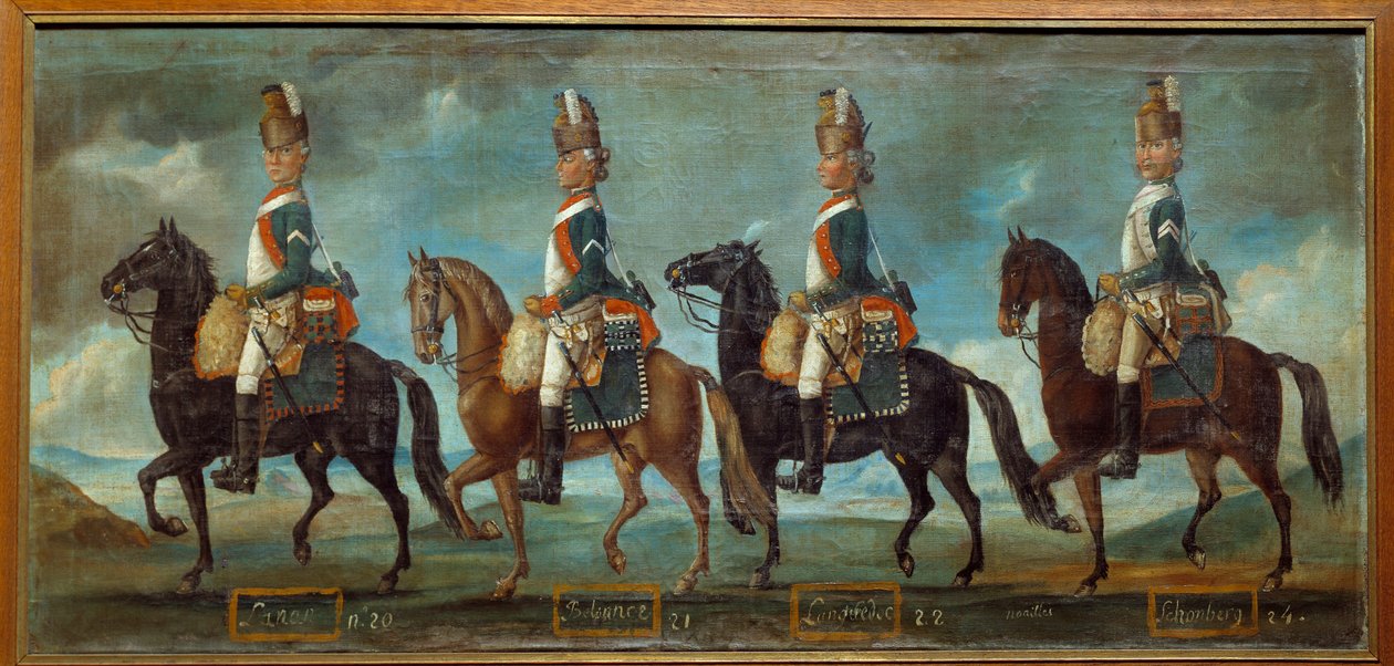 Militäruniformen der Dragoner nach der Ordnung von 1779: Regimenter von Lanan (Nr. 20), Belsunce (Nr. 21), Languedoc (Nr. 22), Schomberg (Nr. 24) von Unknown artist