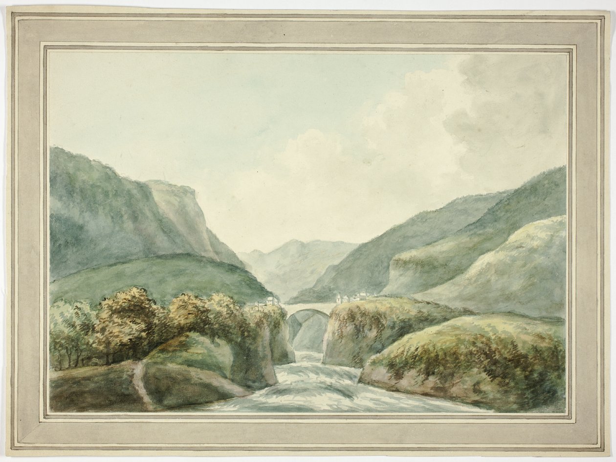 Bergstadt bei Brücke über Stromschnellen von Unknown artist
