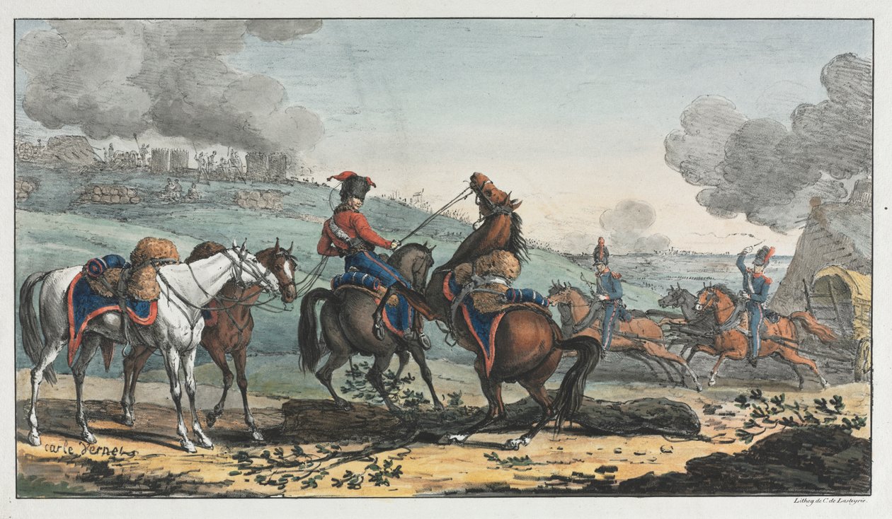 Berittener Artillerist führt drei Pferde von Unknown artist