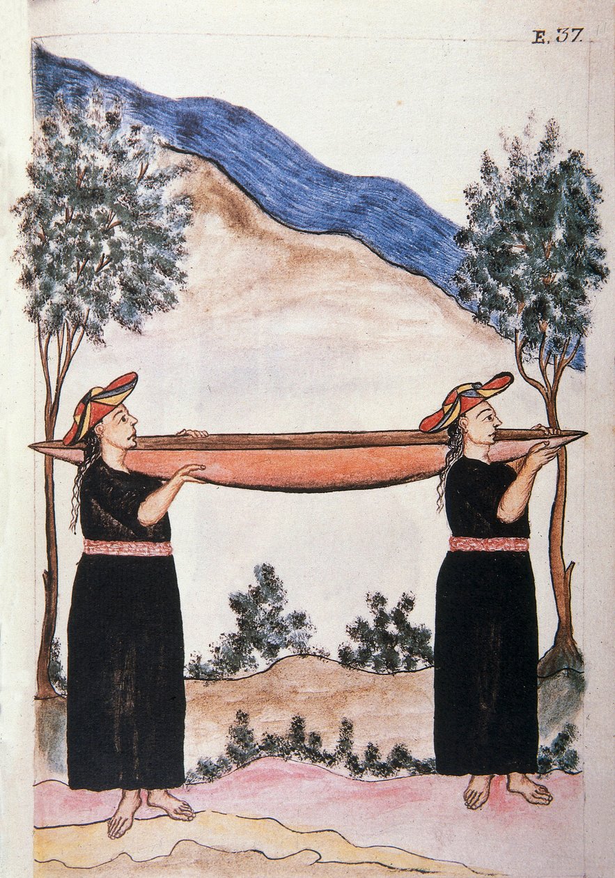 Moyobamba-Indianer tragen ihr Kanu, aus dem Buch "Trujillo del Peru" oder "Códice Martínez Compañón", von Baltazar Martinez Compañón y Bujanda, Bischof von Trujillo (1782-1785) von Unknown artist