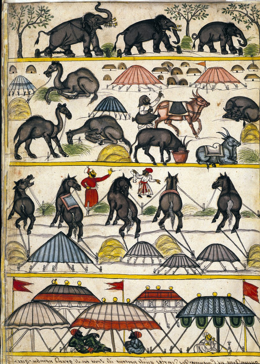 Mogul-Militärlager. Seite aus dem Manuskript „Geschichte von Mogol“ von Stefano Nivibus Cardeira. 18. Jahrhundert. Biblioteca Marciana, Venedig von Unknown artist