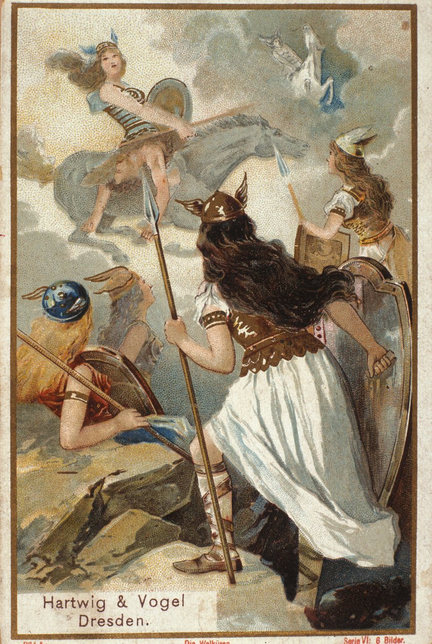 Nordische Mythologie: Die Walküren (jungfräuliche Kriegerinnen) in Valholl (oder Walhalla, Valhalla, Valhalle: Ort, an dem tapfere Krieger gebracht werden) und der Fall der Krieger im Kampf. Chromolithographie des 19. Jahrhunderts von Unknown artist