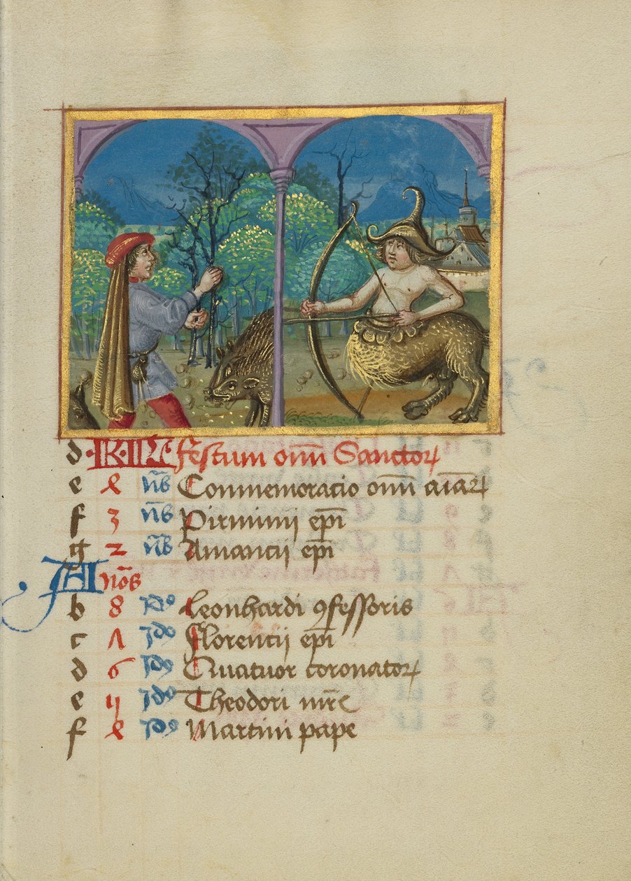November Kalenderseite; Eicheln für Schweine sammeln; Schütze von Unknown artist