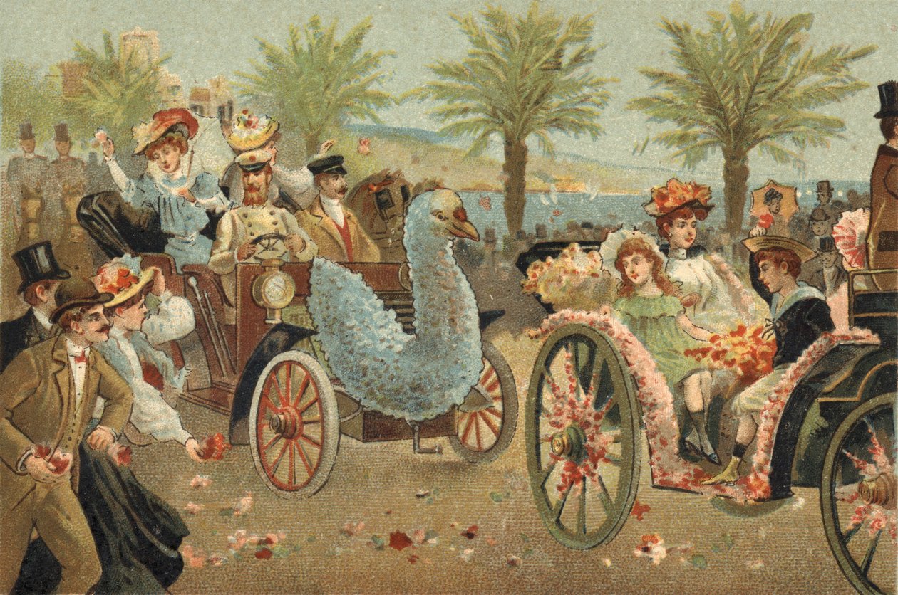 Alte Tradition im Département Alpes-Maritimes: Der Blumenkorso in Nizza. Chromolithographie aus dem späten 19. Jahrhundert. von Unknown artist