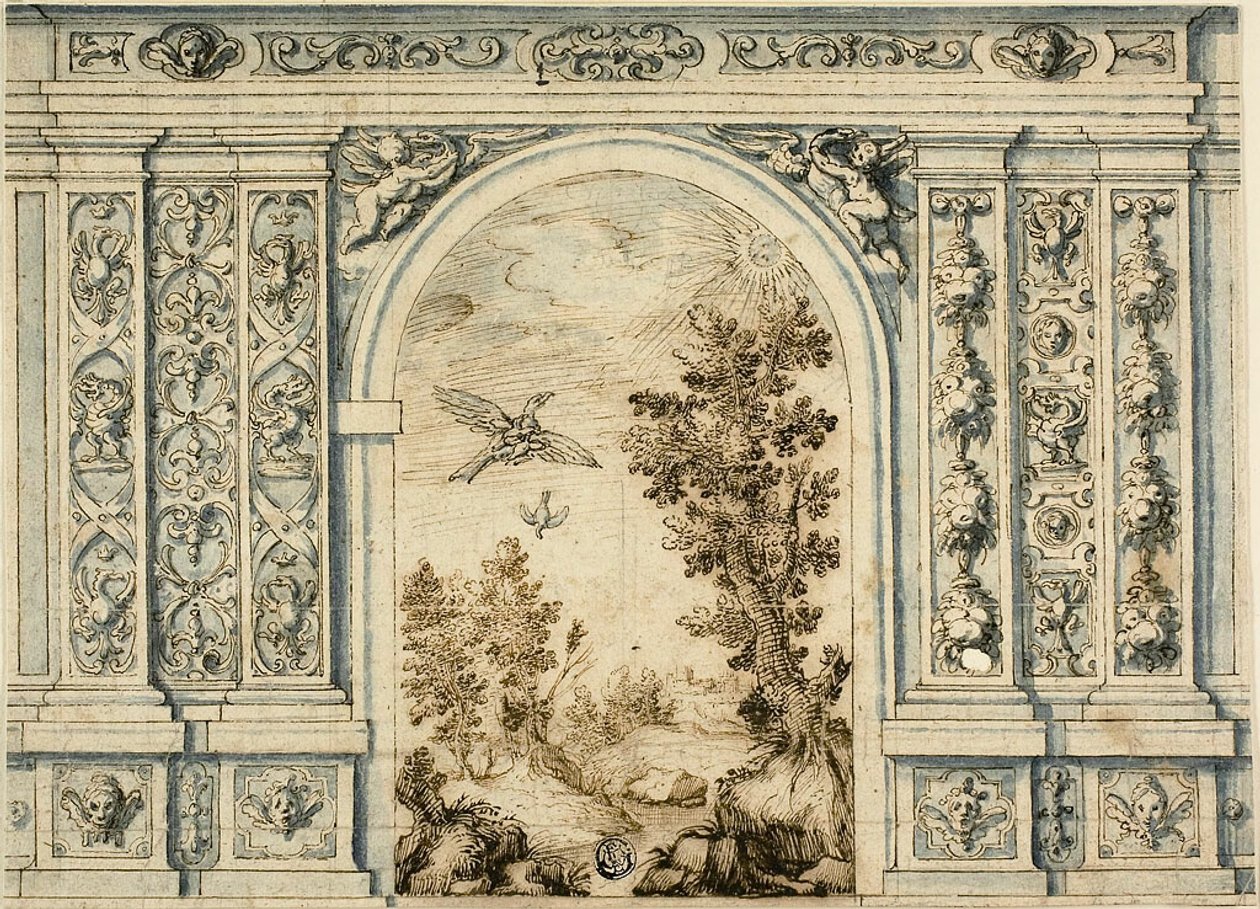 Ornamentale Wand mit Landschaft von Unknown artist