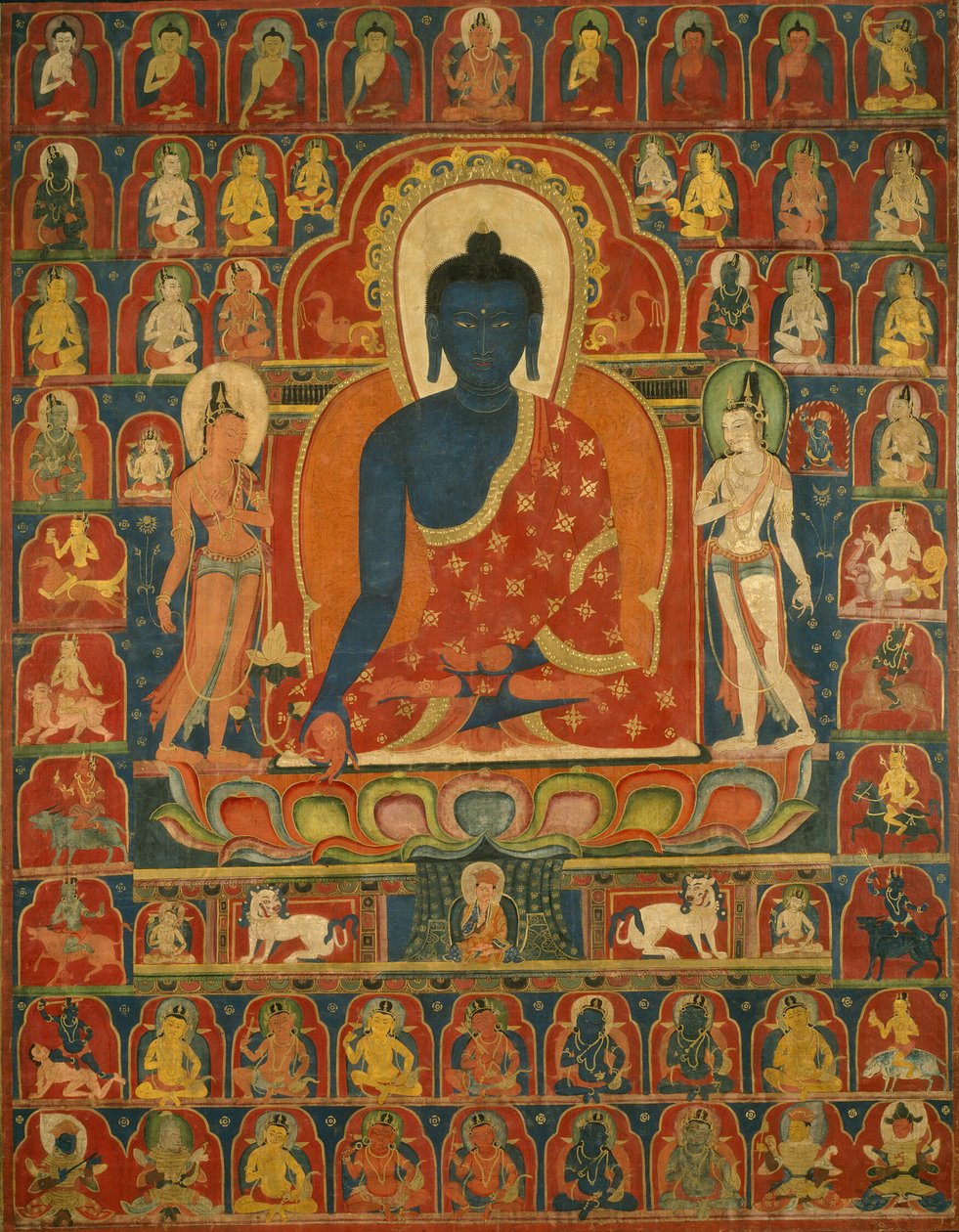 Gemaltes Banner (Thangka) mit dem Medizin-Buddha (Bhaishajyaguru) von Unknown artist
