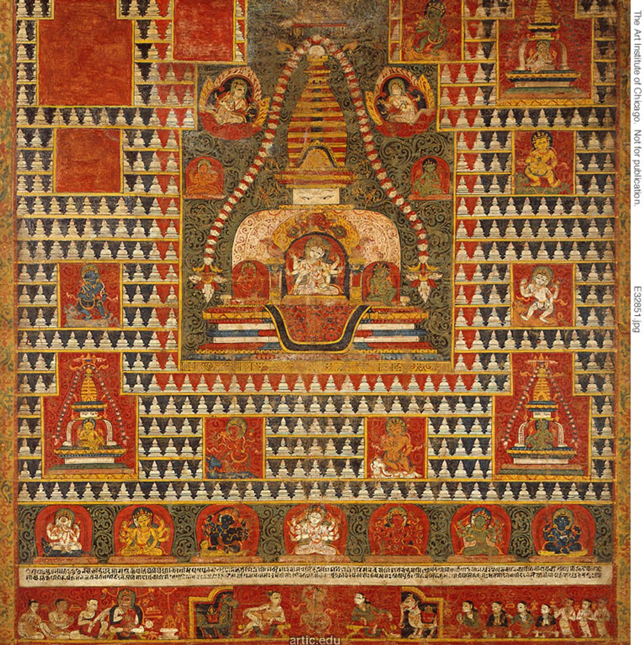 Gemaltes Banner (paubha) der Göttin Ushnishavijaya in einem Grabhügel (chaitya) und umgeben von Chaityas von Unknown artist