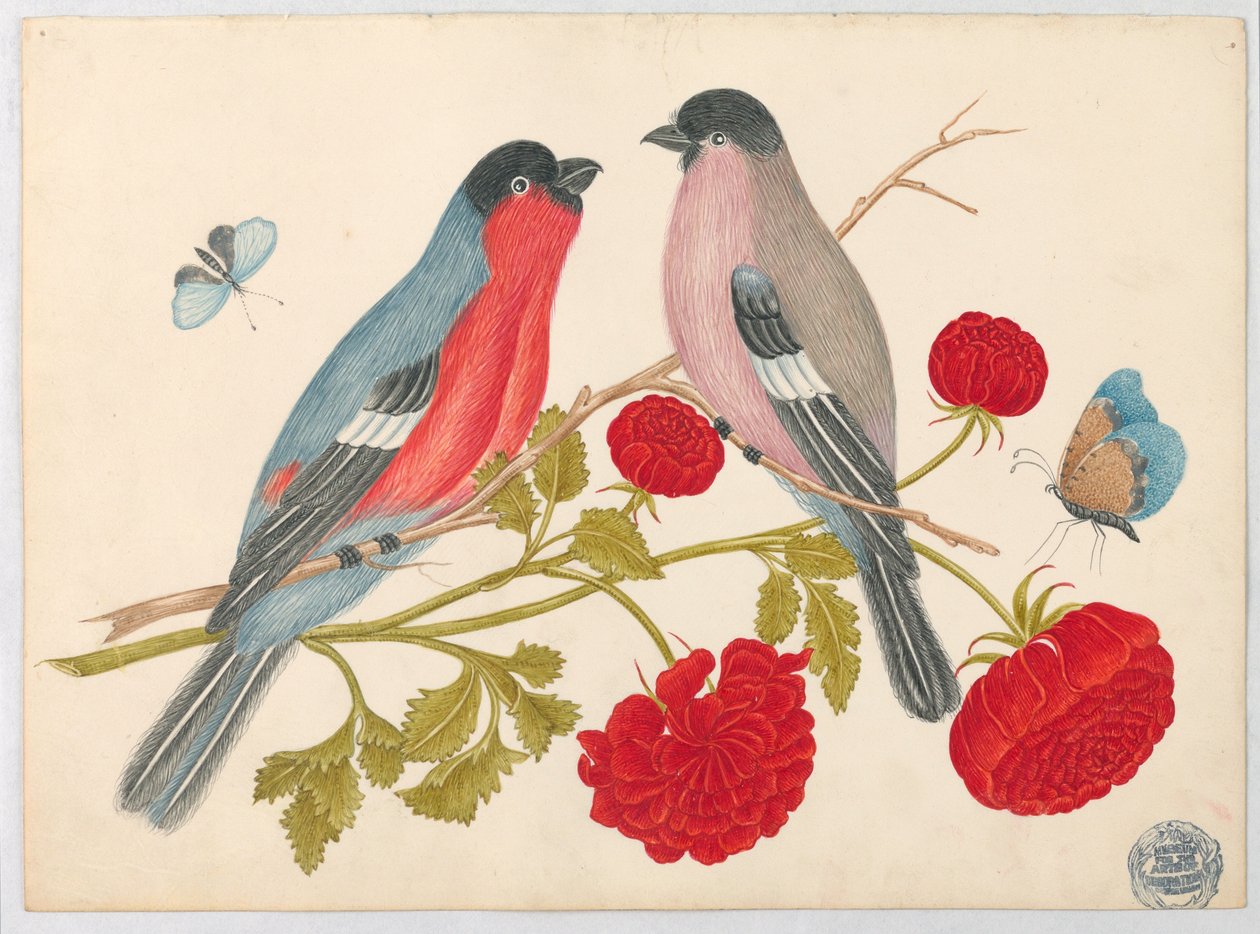 Paar Vögel auf Ast mit Rosen und Schmetterlingen von Unknown artist