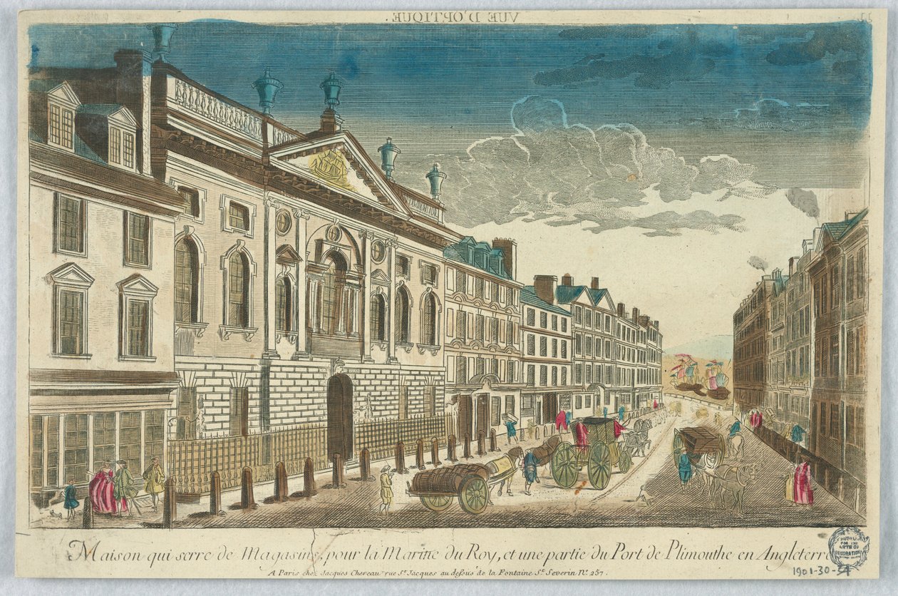 Guckkasten, Maison Quiserie de Magasins, für die Marine des Königs, und ein Teil des Hafens von Plymouth in England von Unknown artist