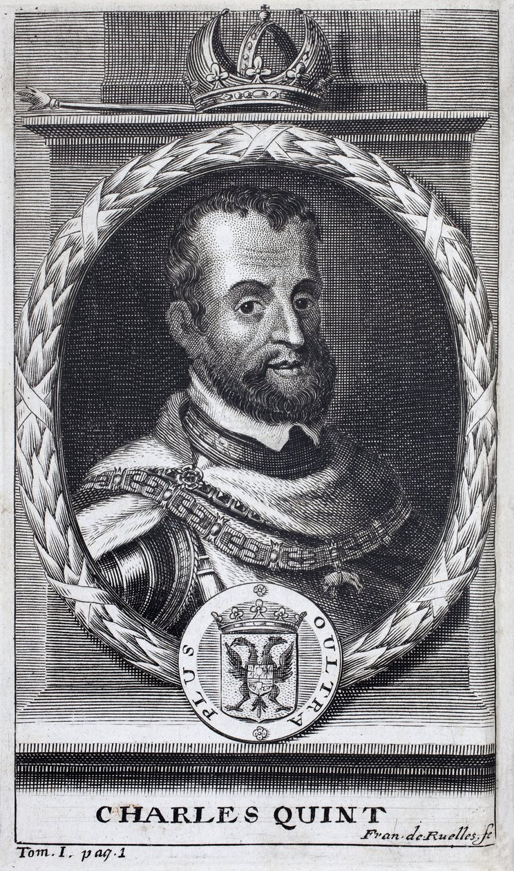 Porträt von Karl V. (1500-1558), König von Spanien und Spanisch-Amerika, König von Sizilien und Kaiser des Heiligen Römischen Reiches Deutscher Nation (1519-1556). Gravur zur Illustration der 