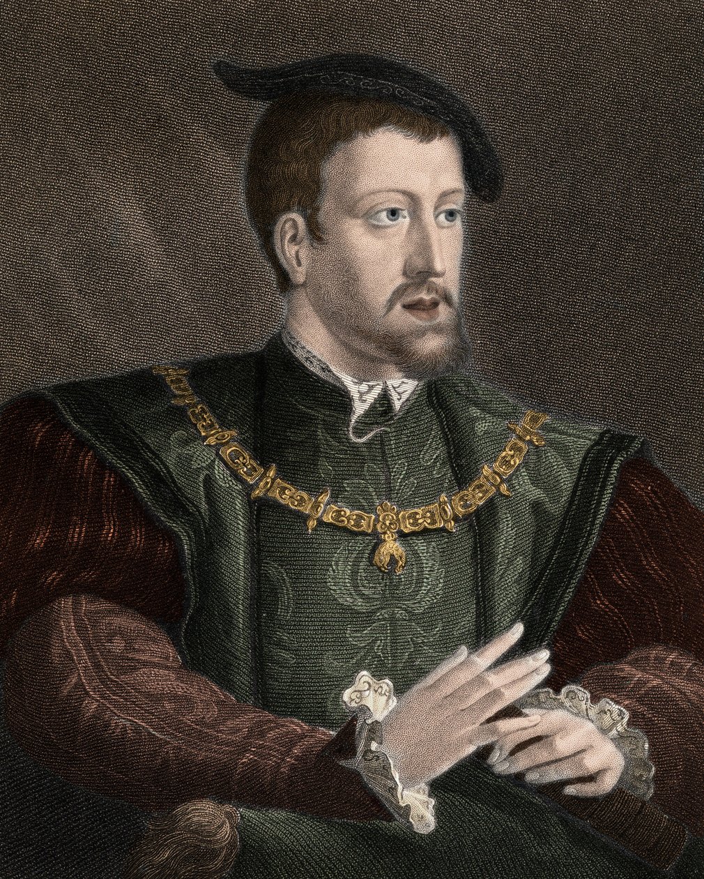 Porträt von Kaiser Karl V. (1500-1558) mit der Halskette des Ordens vom Goldenen Vlies - Karl V. (1500-1558) trägt die Kette des Ordens vom Goldenen Vlies um den Hals - Stich - 19. Jahrhundert von Unknown artist