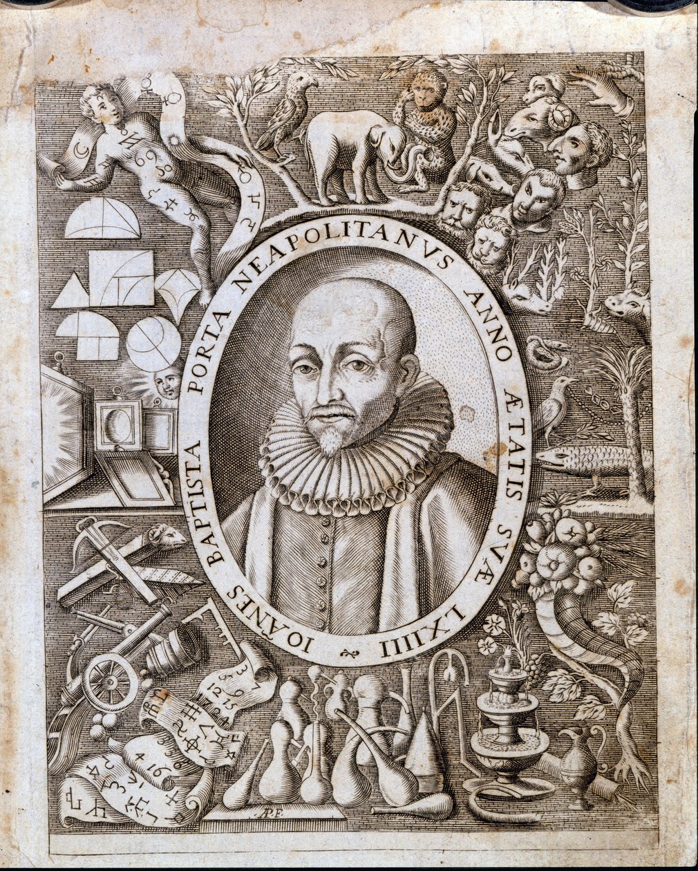 Porträt von Giambattista della Porta (1535 - 1615) auf dem Frontispiz von „Magiae Naturalis“. 17. Jahrhundert von Unknown artist