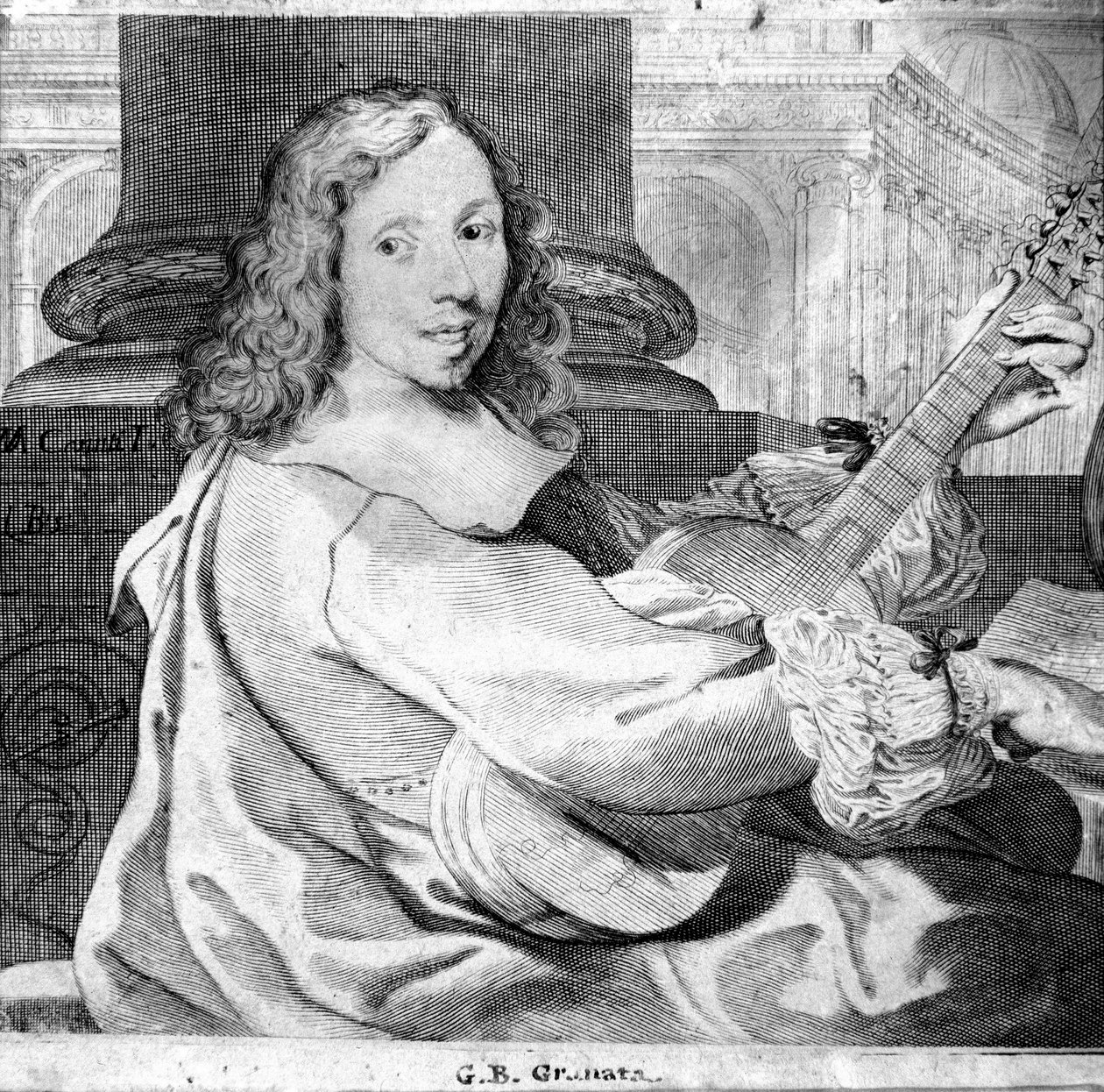 Porträt von Giovanni Battista Granata (1620/21-1687), italienischer Gitarrist und Komponist (Stich). Bologna, Civico Museo Musico von Unknown artist