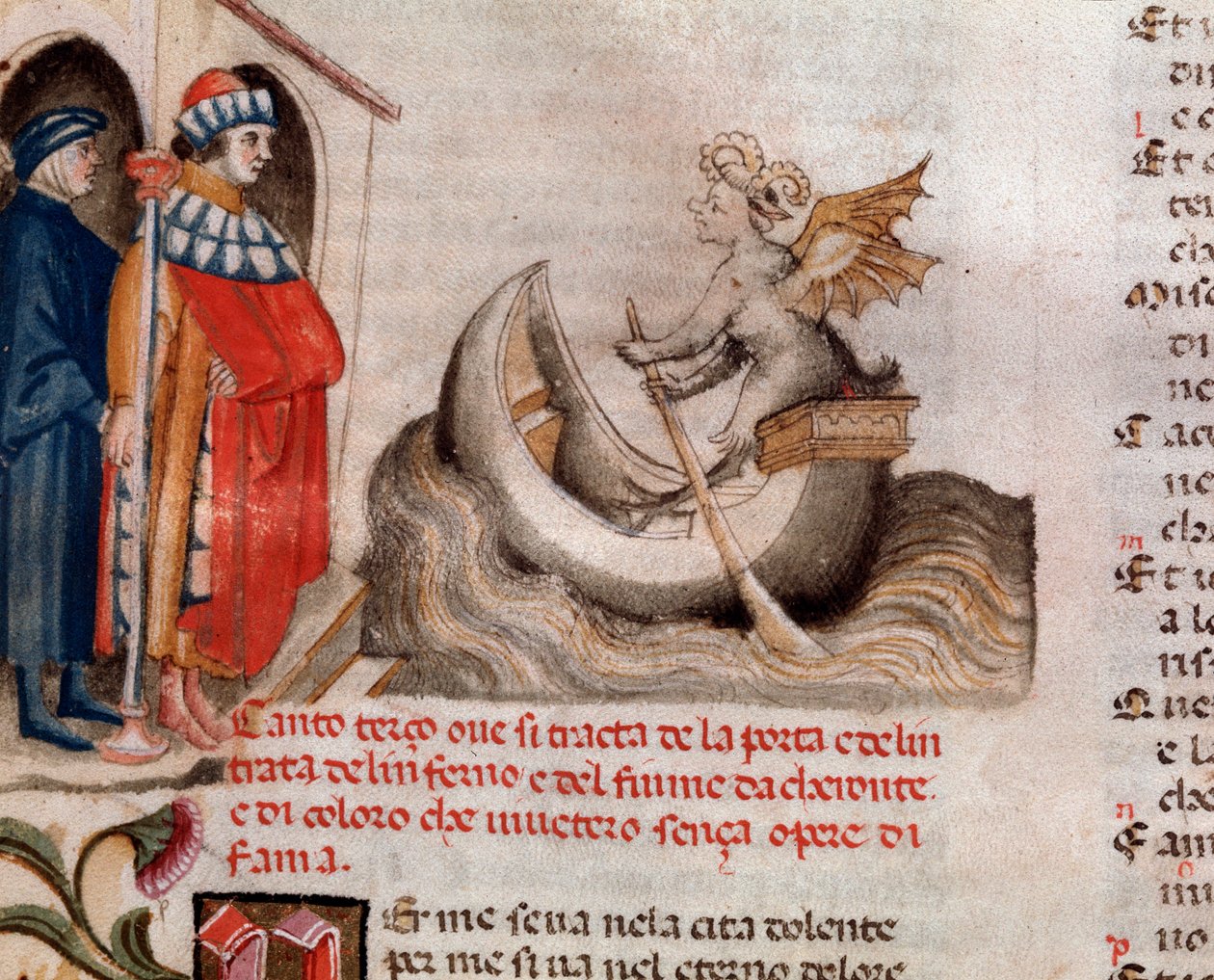 Porträt des italienischen Dichters Dante Alighieri, der Charon und sein Boot beobachtet, wie sie die Seelen über den Acheron bringen (Gesang 3 aus der Hölle, in der Göttlichen Komödie) - Miniatur 15. Jahrhundert von Unknown artist
