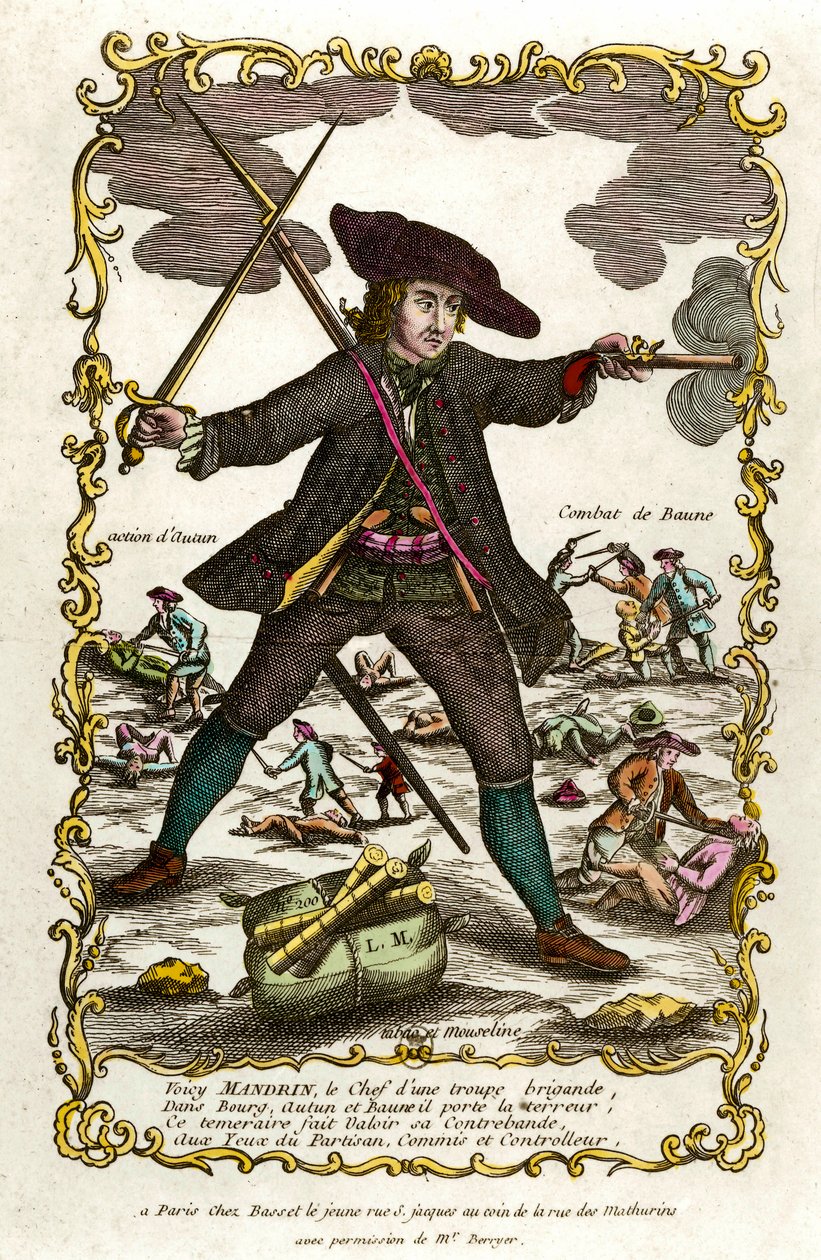 Porträt des französischen Banditen Louis Mandrin (ca. 1725-1755). Hinter ihm, Autuns Aktion und Baunes Kampf. Gravur des 18. Jahrhunderts. Private Sammlung von Unknown artist