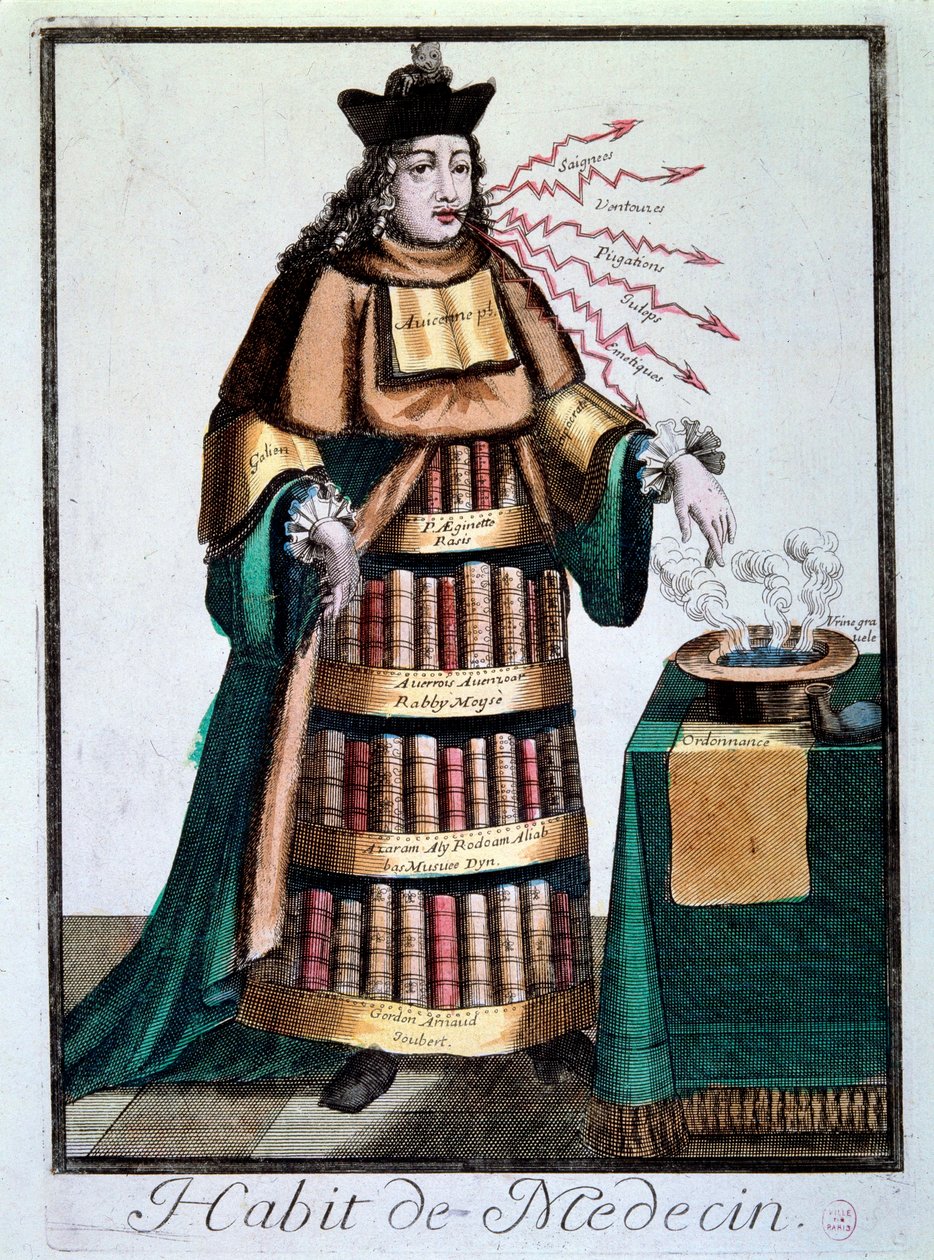 Beruf: Die Kleidung des Arztes. Ein Mann, der die Bücher von Galen und Avicenna trägt, zeigt auf ein Becken mit einer Flüssigkeit, ein Rezept und nennt Behandlungen von Unknown artist