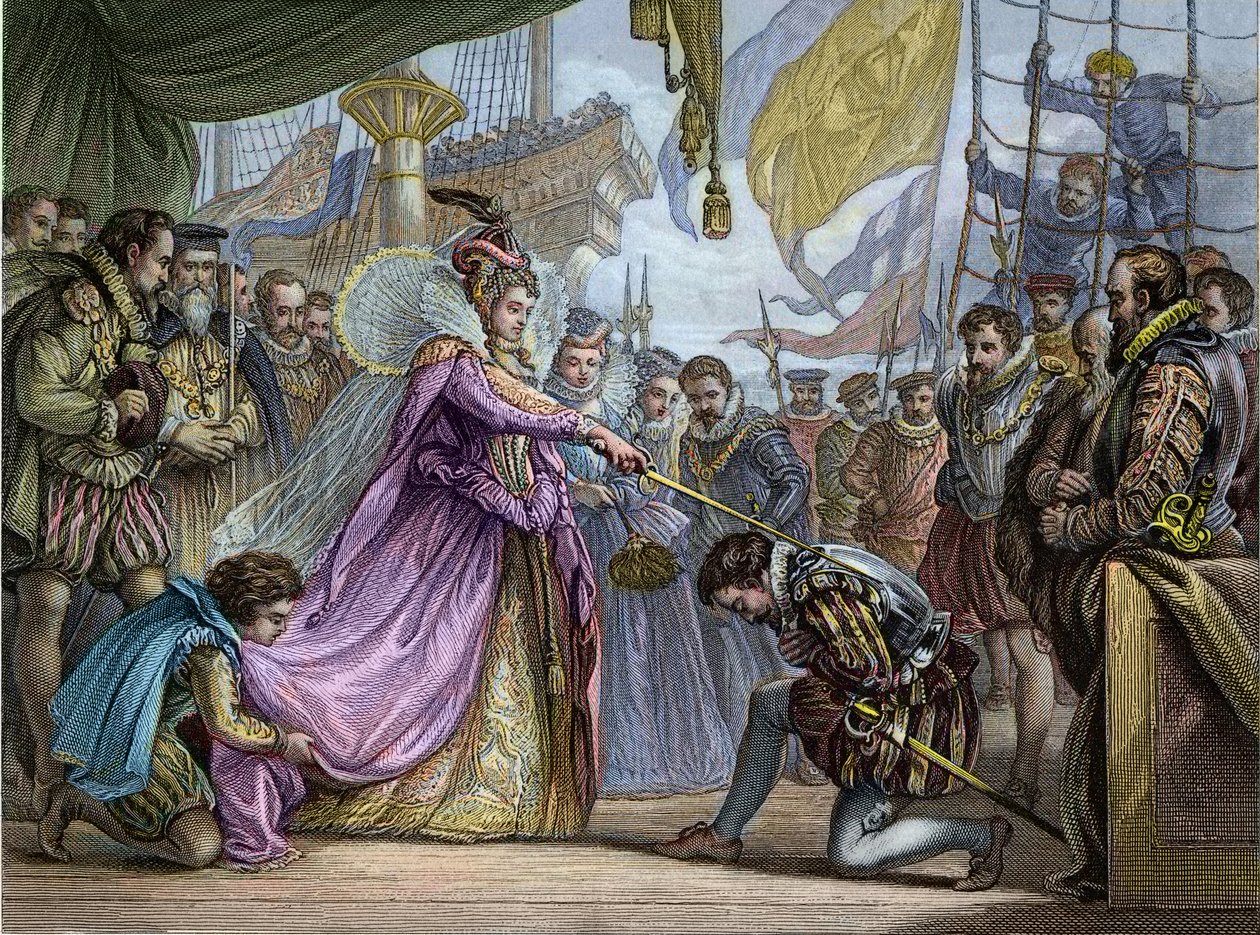 Königin Elisabeth I. (1530-1603) schlägt Francis Drake (1540-96) zum Ritter - Weichzeichnung von Francis Drake (1540-1596) von Unknown artist