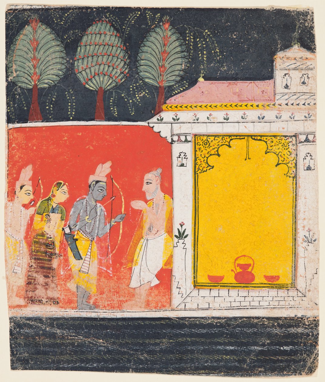 Rama, Sita und Lakshmana besuchen die Einsiedelei des Weisen Bharadvaja in Prayaga, aus einem Ramayana von Unknown artist
