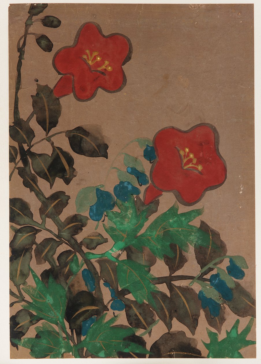 Rote und blaue Blumen und Laub von Unknown artist