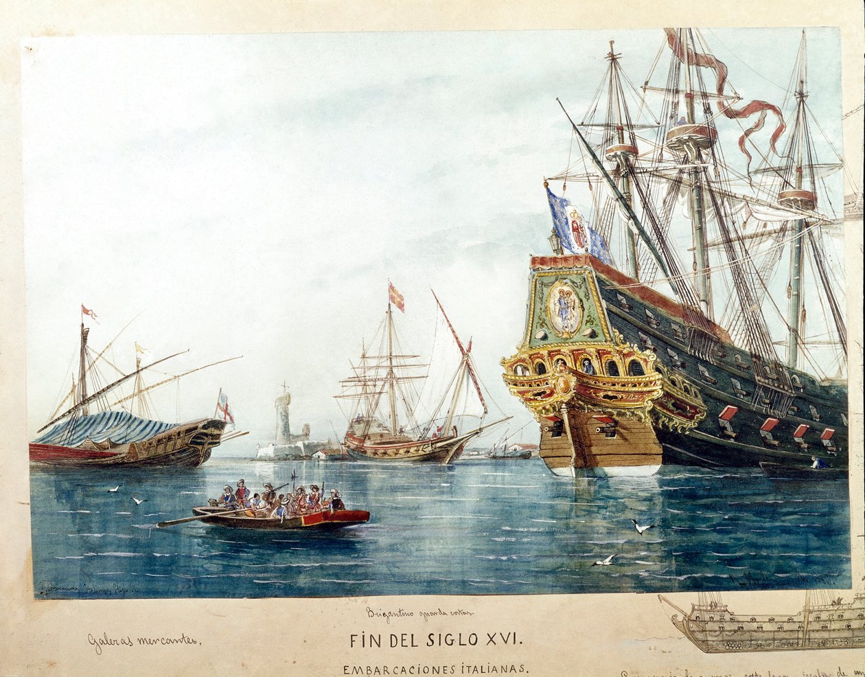 Darstellung italienischer Schiffe, Galeeren, Brigantinen des 16. Jahrhunderts (Aquarell) von Unknown artist