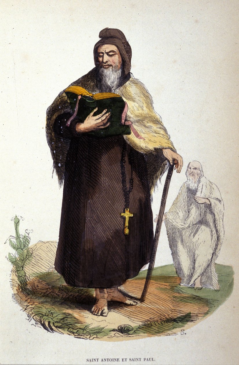 Darstellung von Antonius dem Großen, ägyptischer Anachoret (251 - 356), Gründer des christlichen Eremitentums und Paulus von Theben (er soll Antonius in Thebais vorausgegangen sein). Gravur aus dem 19. Jahrhundert. von Unknown artist