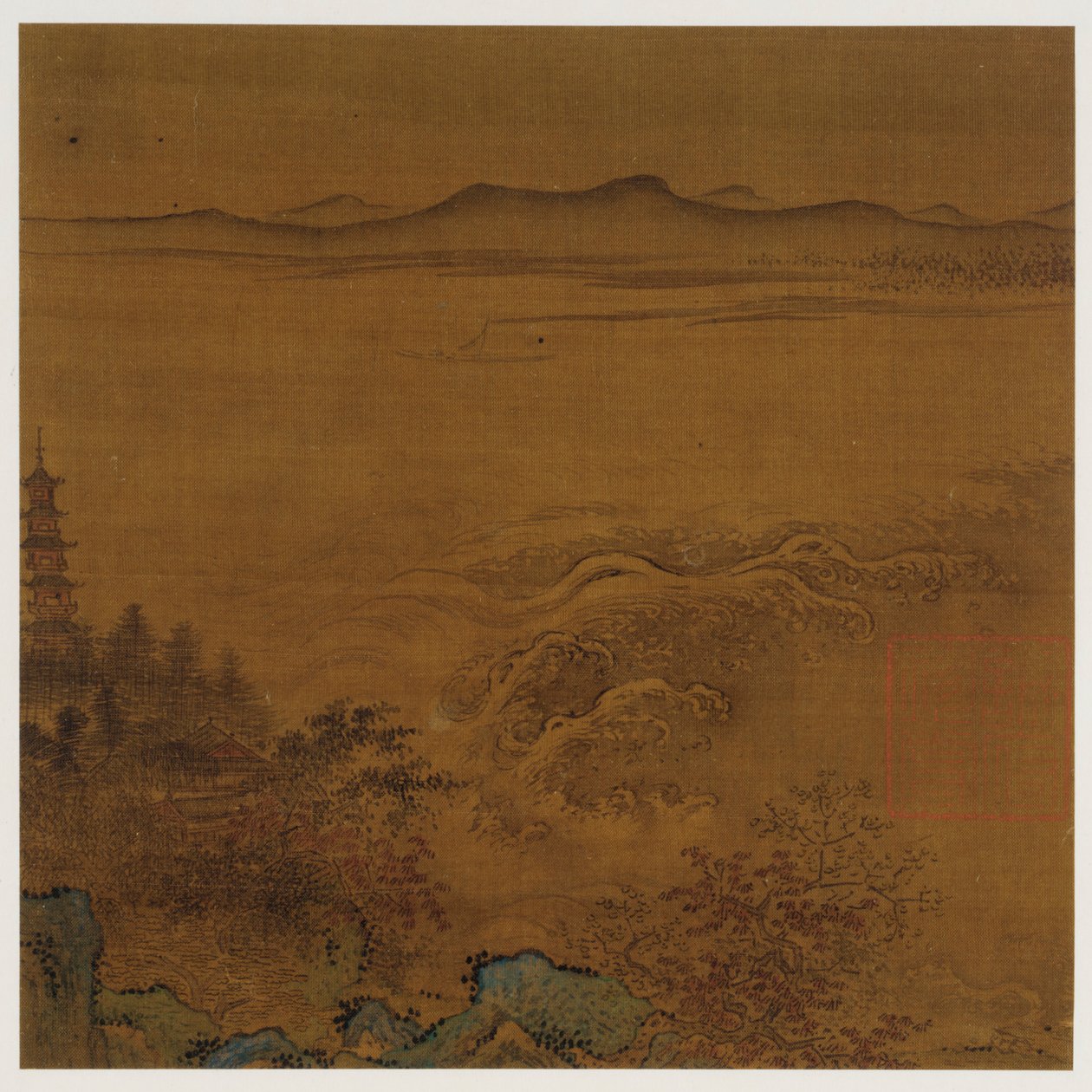 Flusslandschaft: eine Pagode, schäumende Stromschnellen, ferne Hügel von Unknown artist