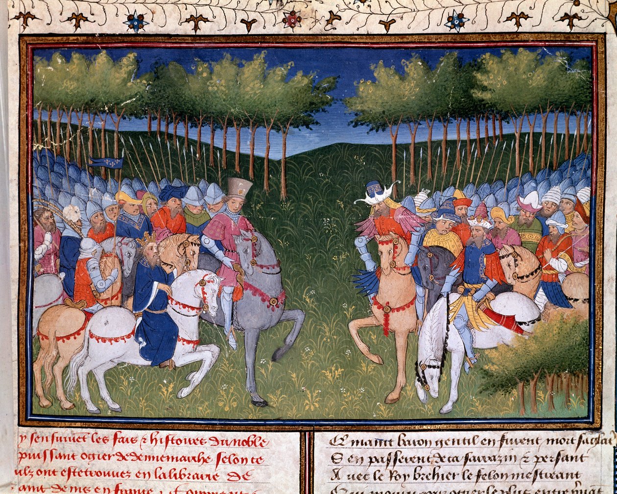 Roman von Ogier dem Dänen: der Kampf zwischen zwei Miniaturreitern aus „Chronik von Bertrand du Guesclin“ (Ms 490) 1405 Musée Condé, Chantilly von Unknown artist