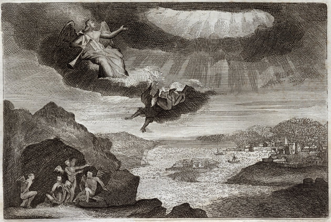 Royaumont-Bibel, Neues Testament: Die fünfte und sechste Posaune der Offenbarung. Die Heuschrecken und die vier Engel. Illustration von 1811. von Unknown artist