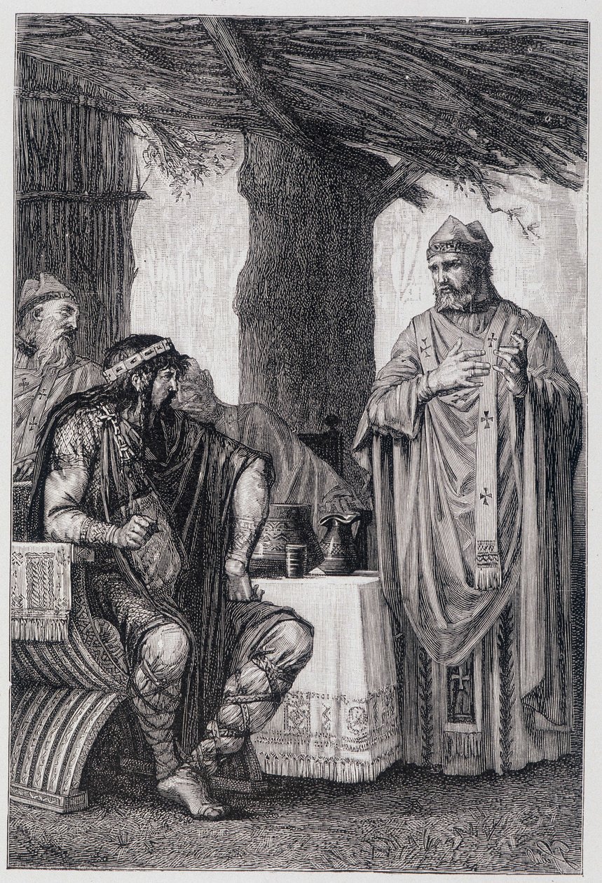 Saint Gregoire von Tours (538-594) widersetzt sich Chilperic I. (539-584), König von Neustrien von Unknown artist