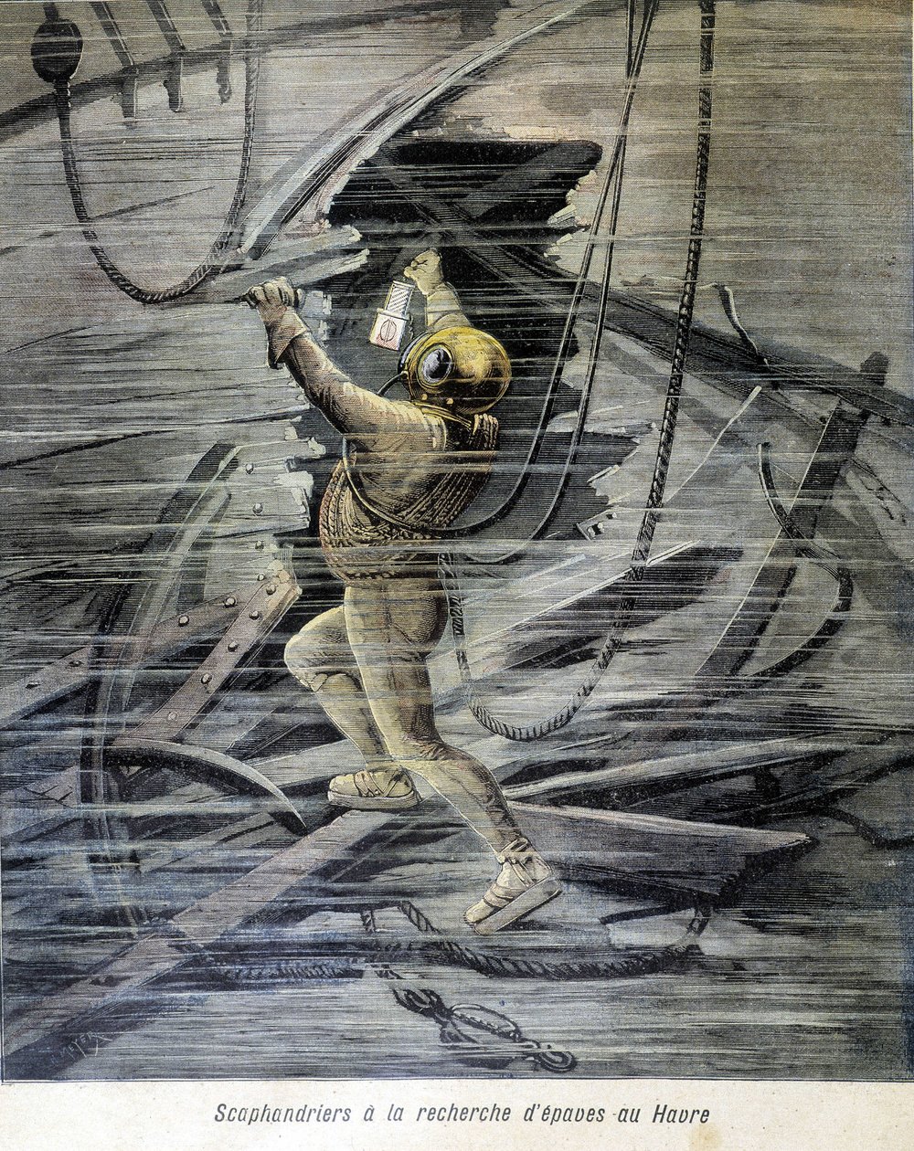 Taucher sucht nach Wracks in Le Havre. Illustration des „Petit Journal“ von 1892. von Unknown artist